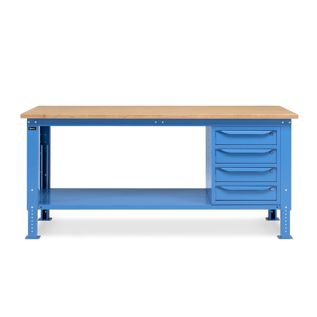Fami Werkbank, höhenverstellbar u. 4 Schubladen, TK 1.000 kg, HxBxT 740-1.110 x 2.000 x 750 mm, RAL 5012 lichtblau Produktabbildung Nr. 2: Fami Werkbank, höhenverstellbar u. 4 Schubladen, TK 1.000 kg, HxBxT 740-1.110 x 2.000 x 750 mm, RAL 5012 lichtblau