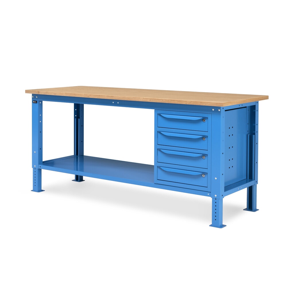 Fami Werkbank, höhenverstellbar u. 4 Schubladen, TK 1.000 kg, HxBxT 740-1.110 x 2.000 x 750 mm, RAL 5012 lichtblau Produktabbildung Nr. 3: Fami Werkbank, höhenverstellbar u. 4 Schubladen, TK 1.000 kg, HxBxT 740-1.110 x 2.000 x 750 mm, RAL 5012 lichtblau