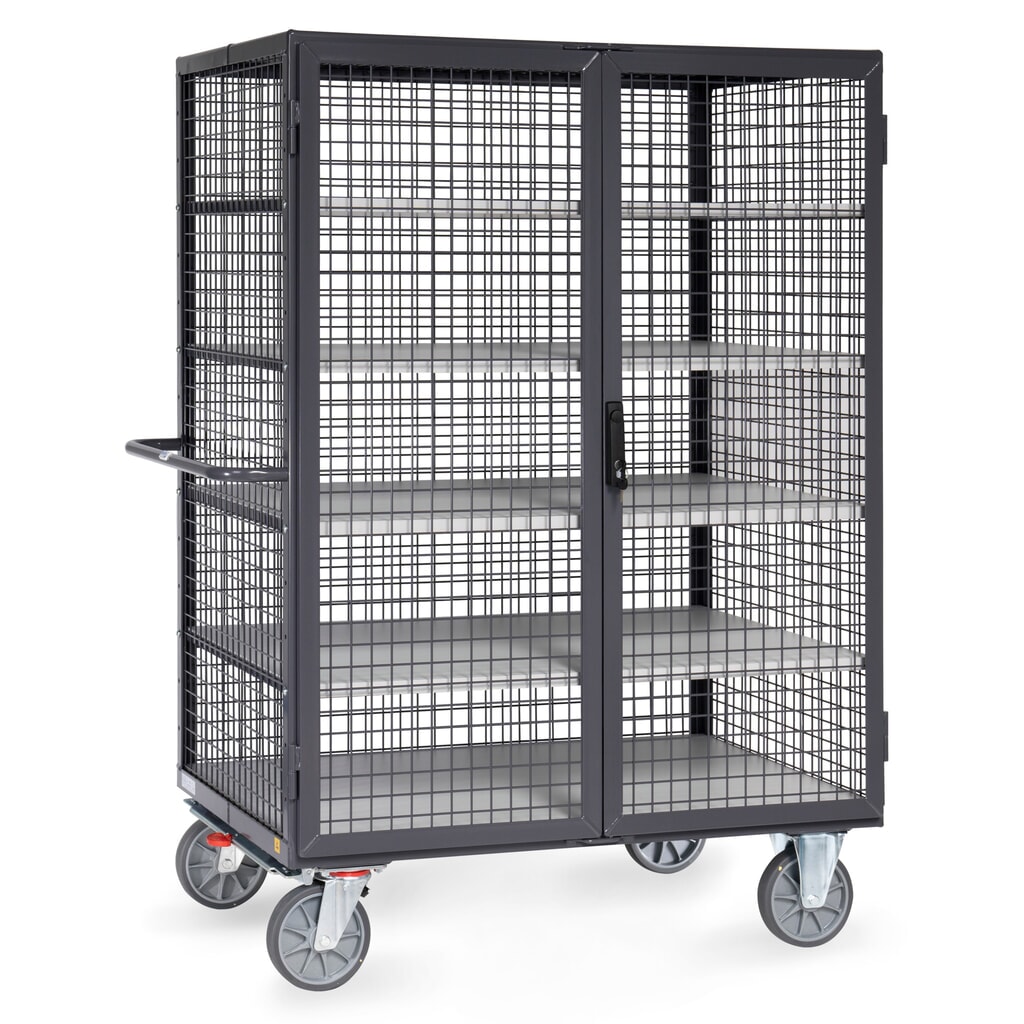 fetra® ESD-Schrankwagen, TK 750 kg, Gitterwände, mit Doppelflügeltür, 5 Etagen à 1.200 x 780 mm Produktabbildung: fetra® ESD-Schrankwagen, TK 750 kg, Gitterwände, mit Doppelflügeltür, 5 Etagen à 1.200 x 780 mm