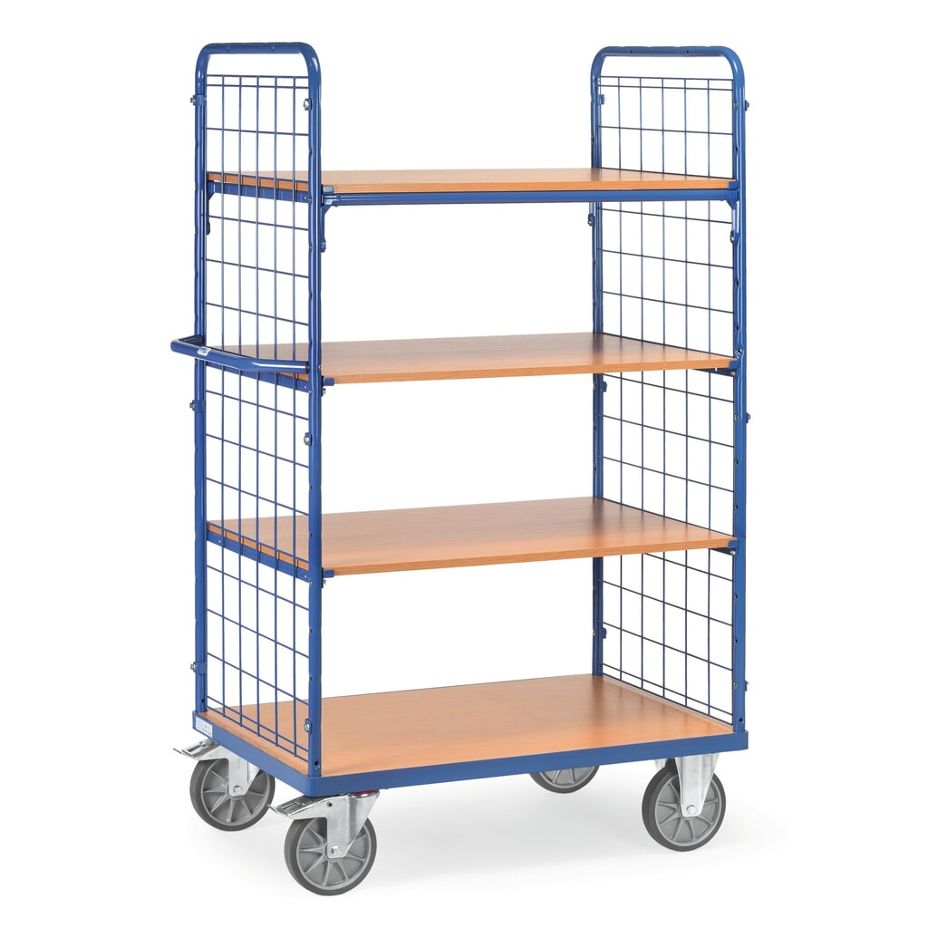 Produktabbildung: fetra® Etagenwagen mit festen Böden, 2 Gitterwände, 4 Etagen à 1.200 x 800 mm
