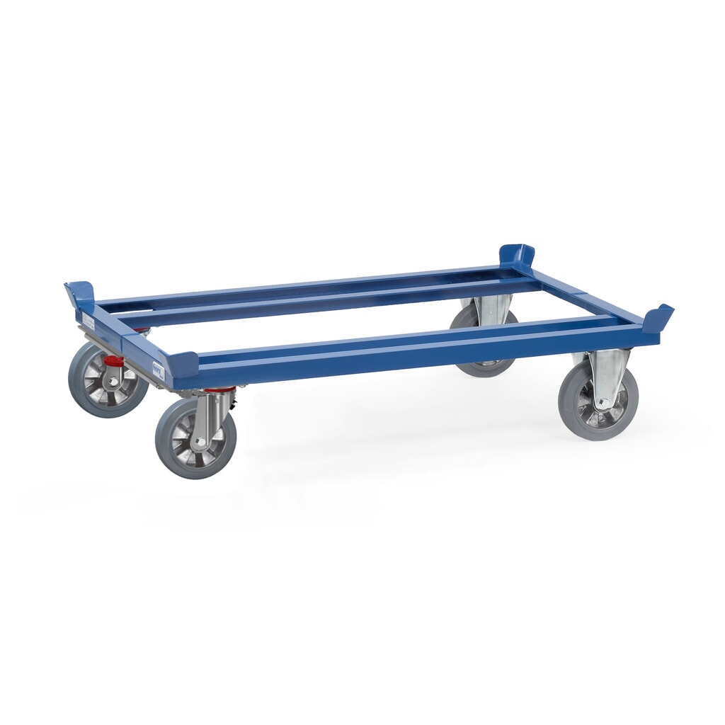 Produktabbildung: fetra® Fahrgestell mit Fangecken, TK 1.200 kg, für Paletten 1.200 x 800 mm, Elastik-Vollgummi-Bereifung, mit Zentralbremse
