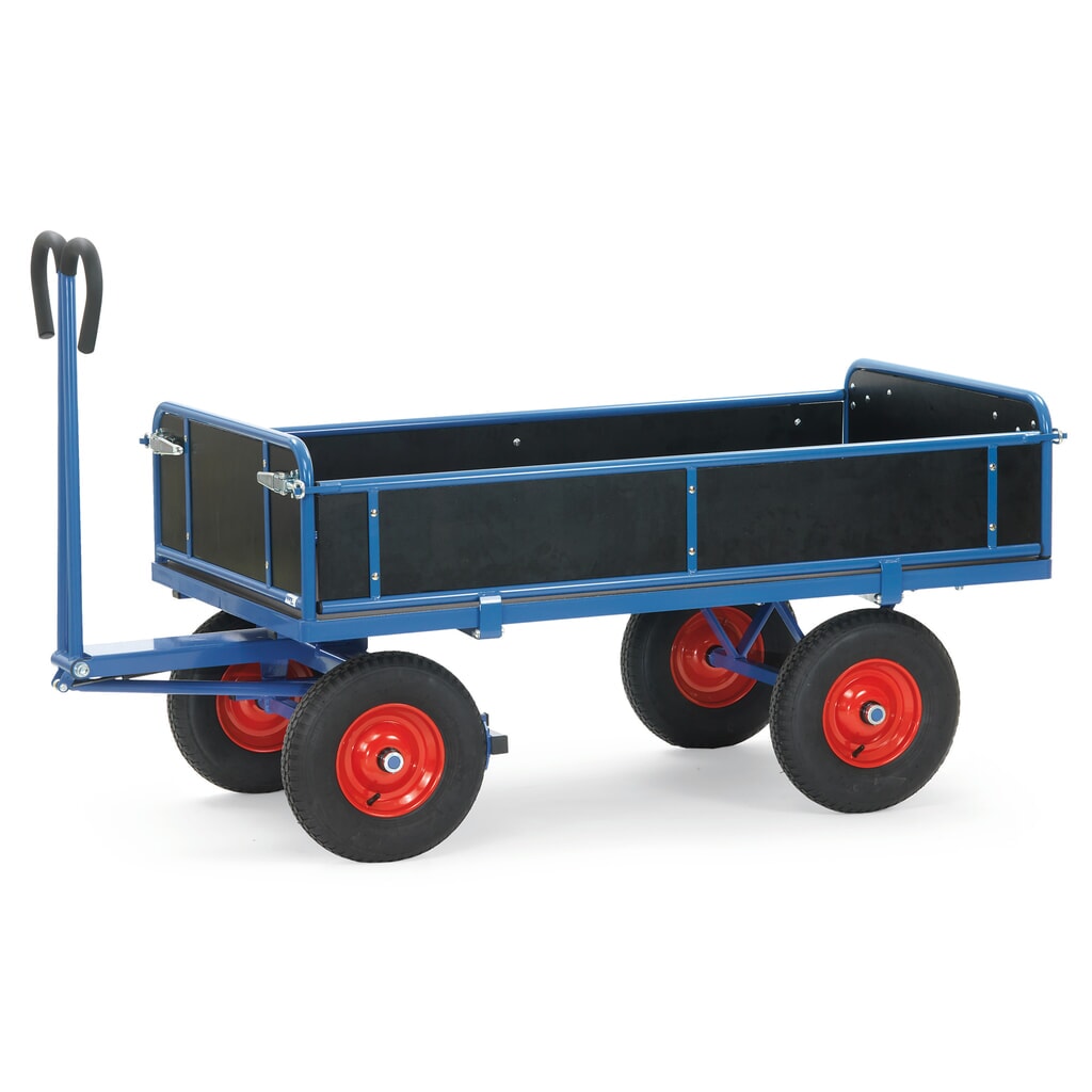 Produktabbildung: fetra® Handpritschenwagen mit 3 abklappbaren Wänden, Ladefläche 800 x 1.200 mm, TK 1.000 kg, Luft-Bereifung