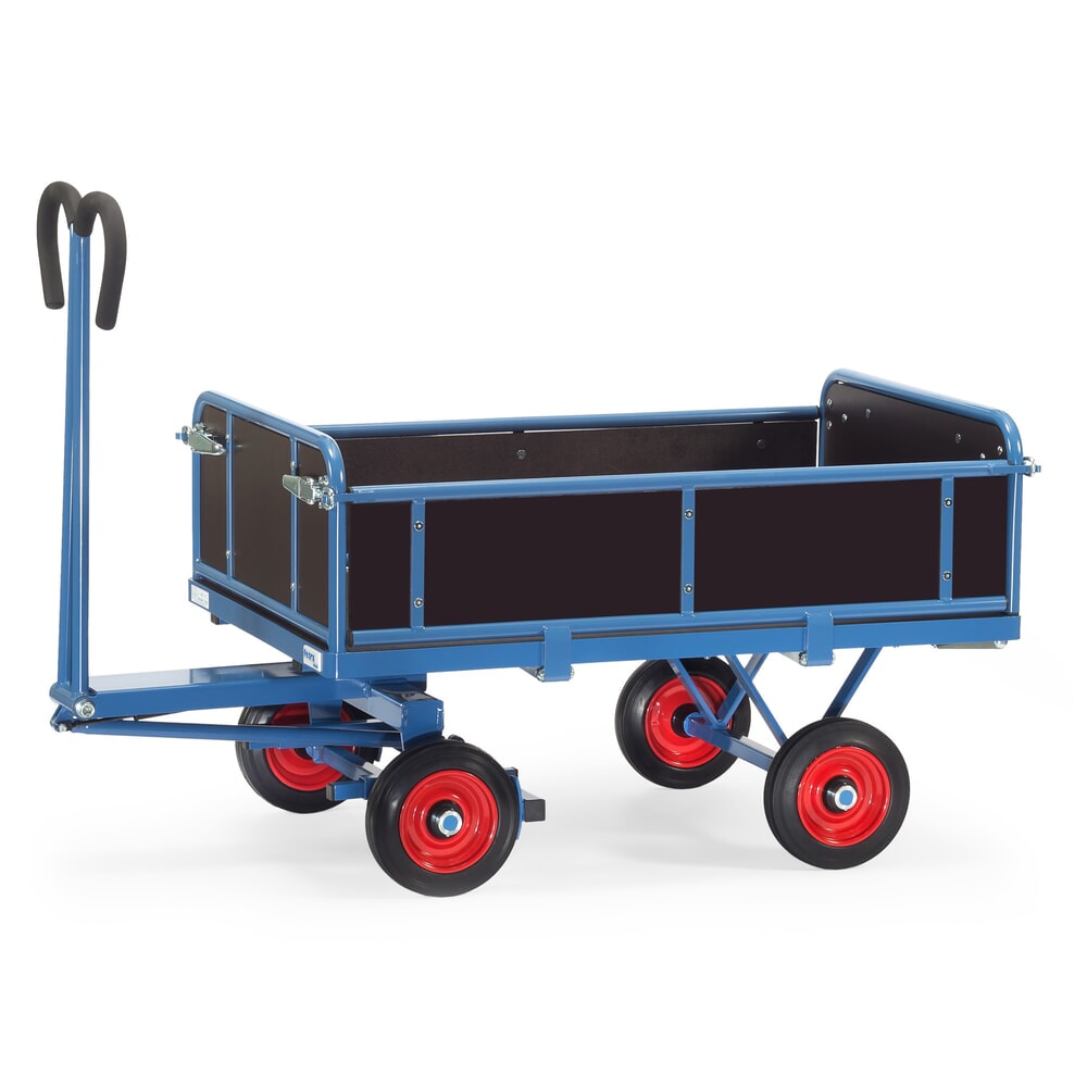 Produktabbildung: fetra® Handpritschenwagen mit 3 abklappbaren Wänden, Ladefläche 800 x 1.200 mm, TK 700 kg, Vollgummi-Bereifung