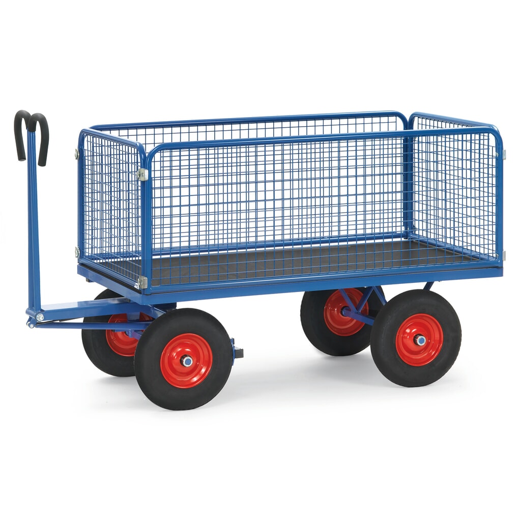 Produktabbildung: fetra® Handpritschenwagen mit Drahtgitterwänden H 600 mm, Ladefläche 1.000 x 2.000 mm, TK 1.250 kg, Vollgummi-Bereifung