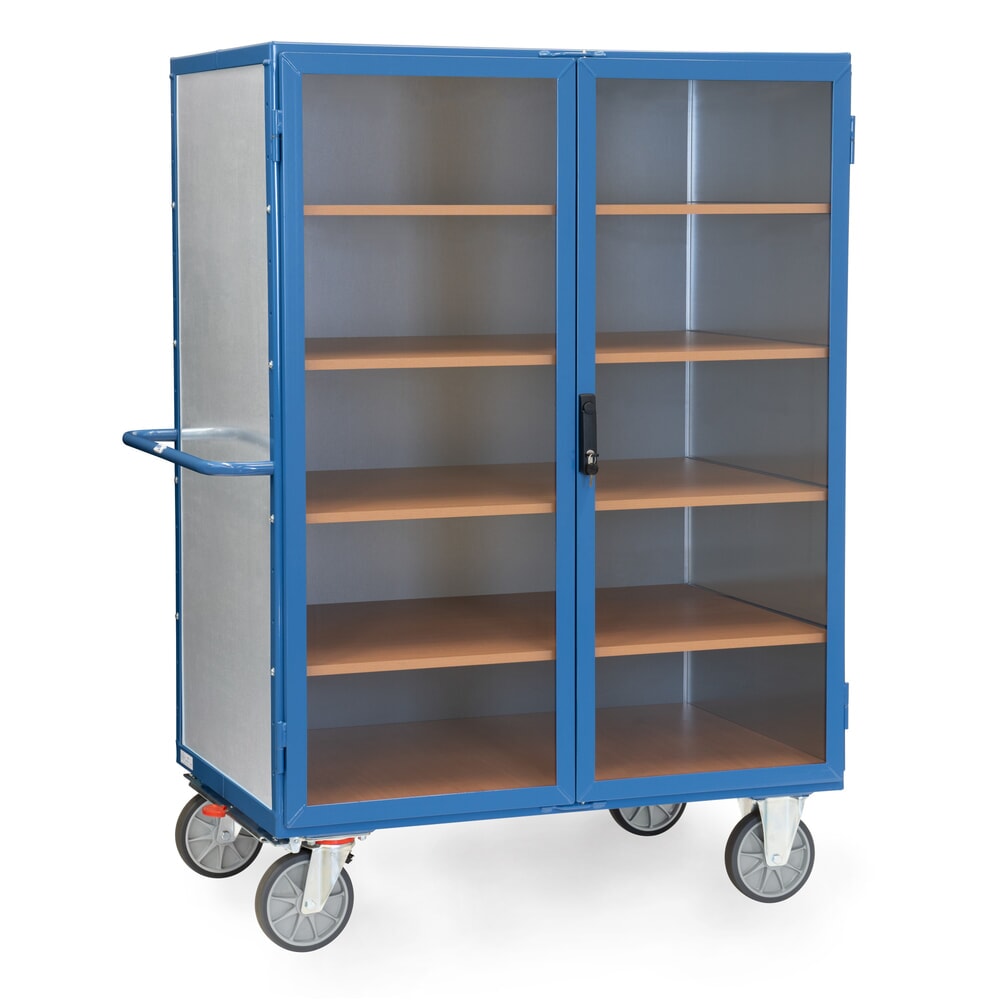 Produktabbildung: fetra® Kastenwagen mit Stahlblechwänden, transparenten Türen, 4 Zwischenböden, HxBxL 1.792 x 745 x 1.170 mm