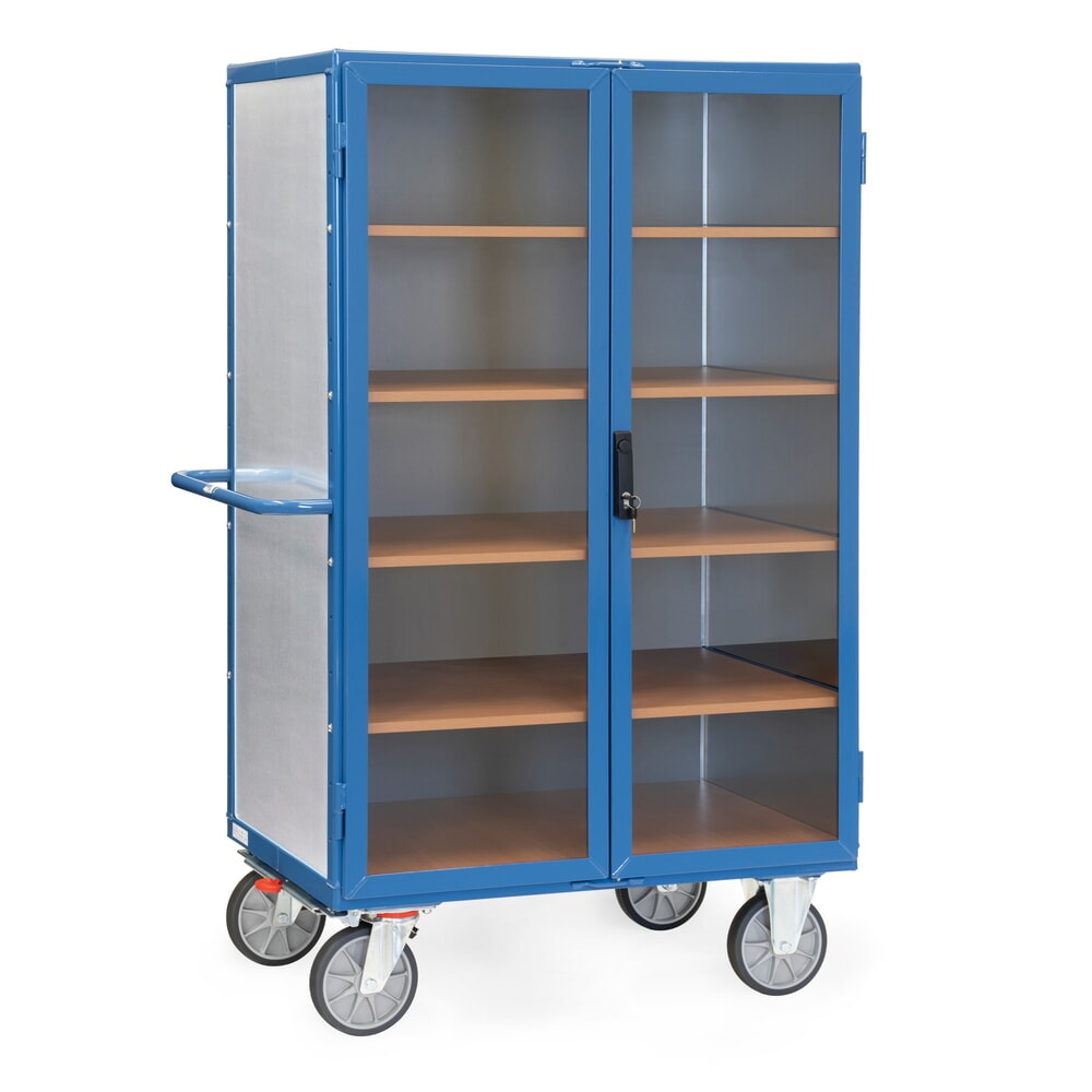 Produktabbildung: fetra® Kastenwagen mit Stahlblechwänden, transparenten Türen, 4 Zwischenböden, HxBxL 1.792 x 845 x 1.170 mm
