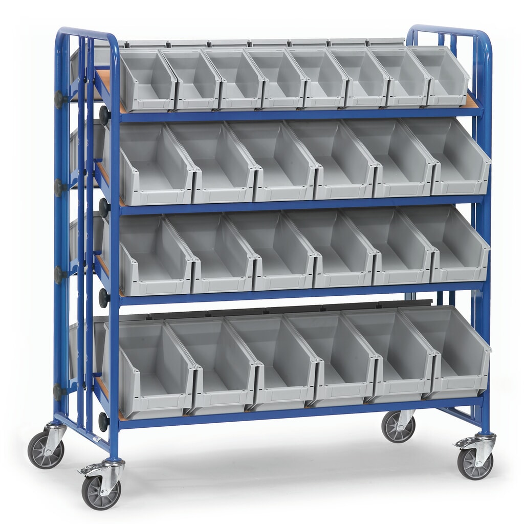 fetra® Montagewagen mit Sichtlagerkästen, 4 Etagen, zweiseitig Produktabbildung: fetra® Montagewagen mit Sichtlagerkästen, 4 Etagen, zweiseitig