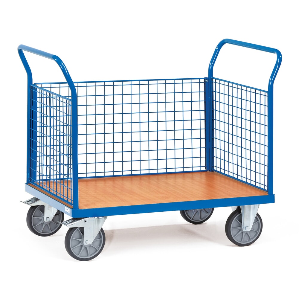 Produktabbildung: fetra® Plattformwagen, 3-seitig mit Gitterwänden, Ladefläche BxT 500 x 850 mm