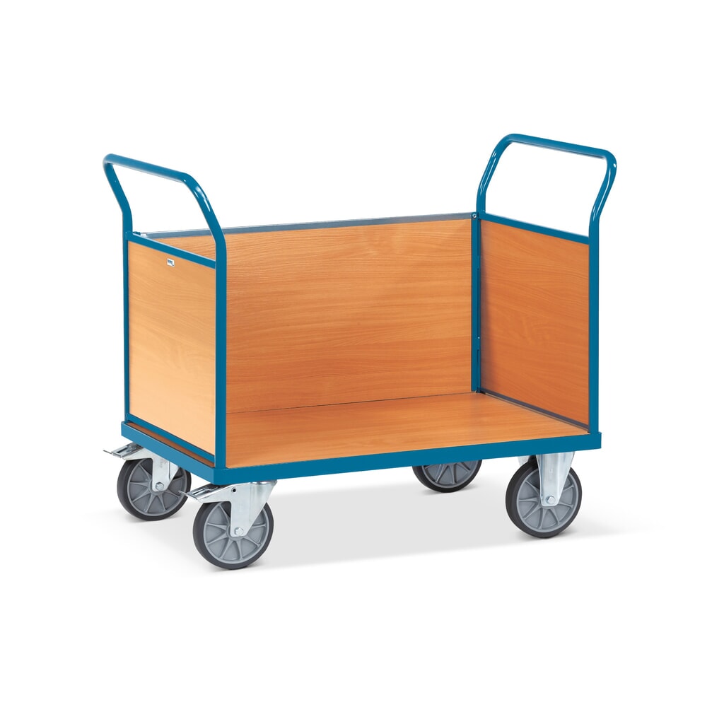 Produktabbildung: fetra® Plattformwagen, 3-seitig mit Holzwänden, Ladefläche BxT 800 x 1.200 mm