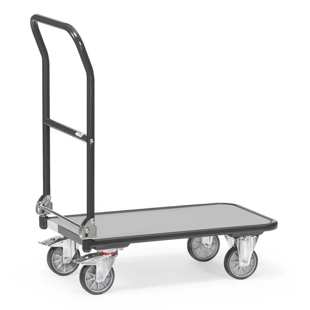 Produktabbildung: fetra® Plattformwagen mit Holzladefläche, Bügel klappbar, BxT 600 x 900 mm, TK 250 kg, anthrazitgrau