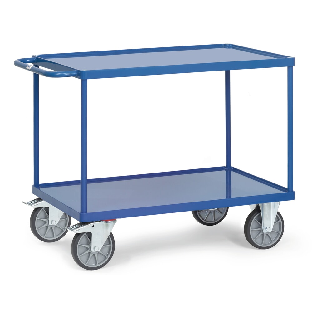 Produktabbildung: fetra® Tisch- und Montagewagen mit 2 Stahlblechwannen, Ladefläche 850 x 500 mm
