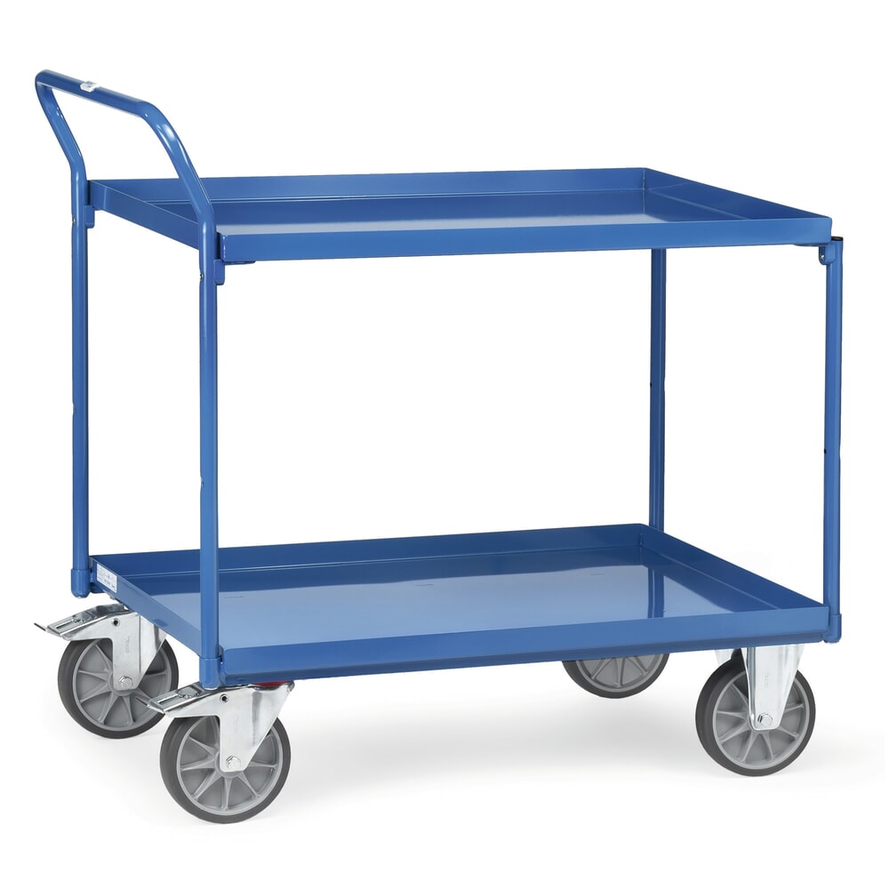 Produktabbildung: fetra® Tischwagen mit öldichten Wannen, 2 Etagen à 850 x 500 mm, hochstehender Bügel