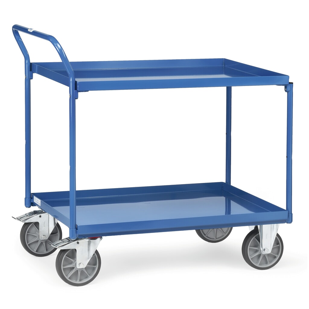 fetra® Tischwagen mit öldichten Wannen, 2 Etagen à 1.000 x 700 mm, hochstehender Bügel Produktabbildung: fetra® Tischwagen mit öldichten Wannen, 2 Etagen à 1.000 x 700 mm, hochstehender Bügel