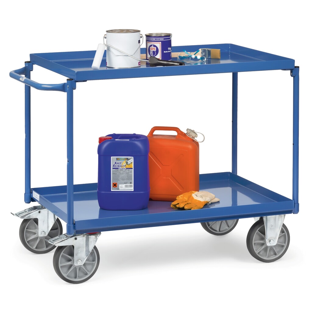 fetra® Tischwagen mit öldichten Wannen, 2 Etagen à 1.000 x 700 mm, waagerechter Bügel Produktabbildung Nr. 2: fetra® Tischwagen mit öldichten Wannen, 2 Etagen à 1.000 x 700 mm, waagerechter Bügel