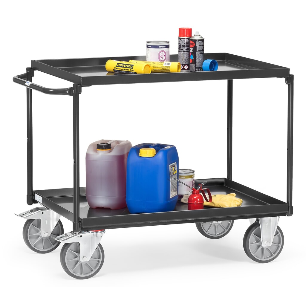 fetra® Tischwagen mit öldichten Wannen, 2 Etagen à 1.000 x 700 mm, waagerechter Bügel, anthrazitgrau Produktabbildung Nr. 2: fetra® Tischwagen mit öldichten Wannen, 2 Etagen à 1.000 x 700 mm, waagerechter Bügel, anthrazitgrau