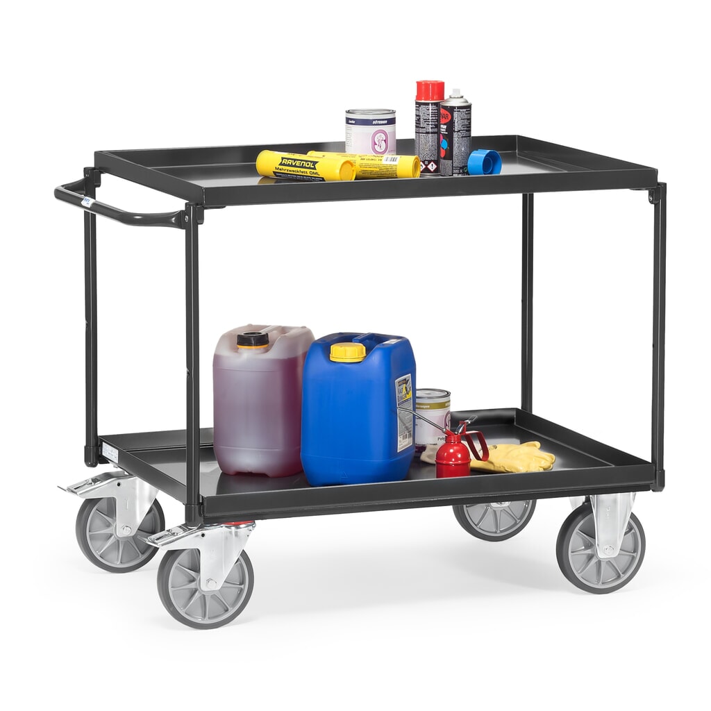 fetra® Tischwagen mit öldichten Wannen, 2 Etagen à 1.000 x 700 mm, waagerechter Bügel, anthrazitgrau Produktabbildung Nr. 3: fetra® Tischwagen mit öldichten Wannen, 2 Etagen à 1.000 x 700 mm, waagerechter Bügel, anthrazitgrau