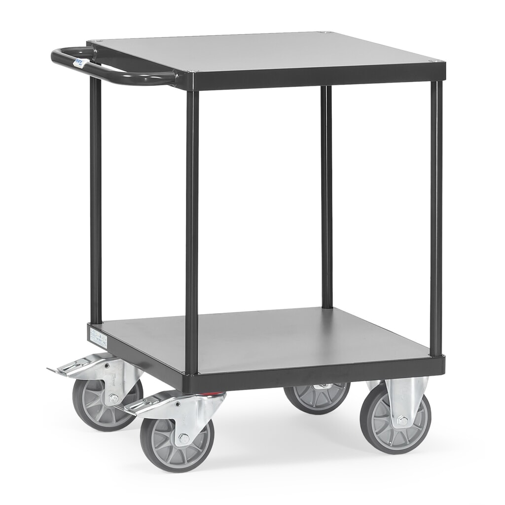 fetra® Schwerer Tisch- und Montagewagen, 2 Etagen à 600 x 600 mm, anthrazitgrau Produktabbildung: fetra® Schwerer Tisch- und Montagewagen, 2 Etagen à 600 x 600 mm, anthrazitgrau