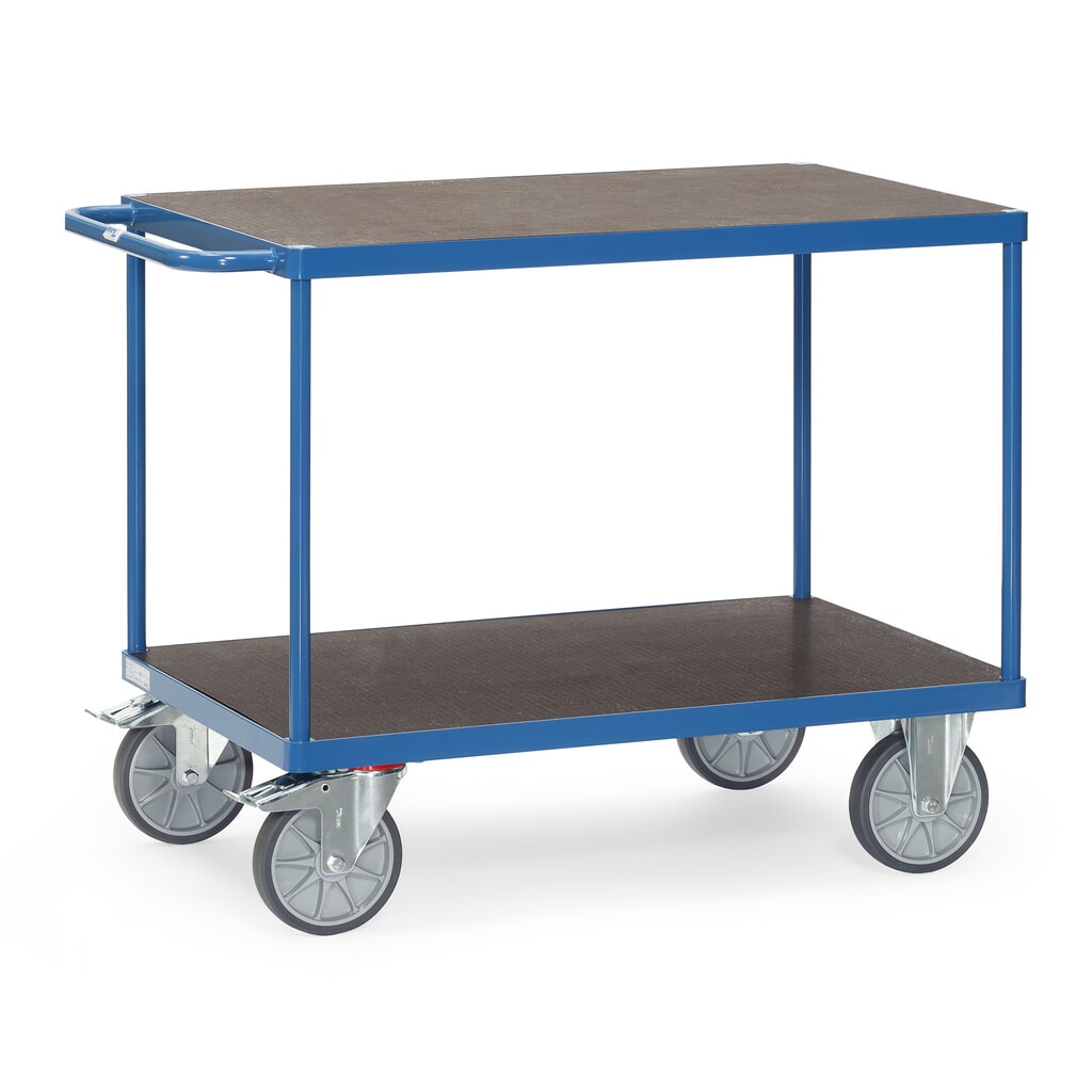 fetra® Schwerer Tisch- und Montagewagen, rutschsichere Ladefläche, 2 Etagen à 800 x 1.200 mm, brillantblau Produktabbildung: fetra® Schwerer Tisch- und Montagewagen, rutschsichere Ladefläche, 2 Etagen à 800 x 1.200 mm, brillantblau