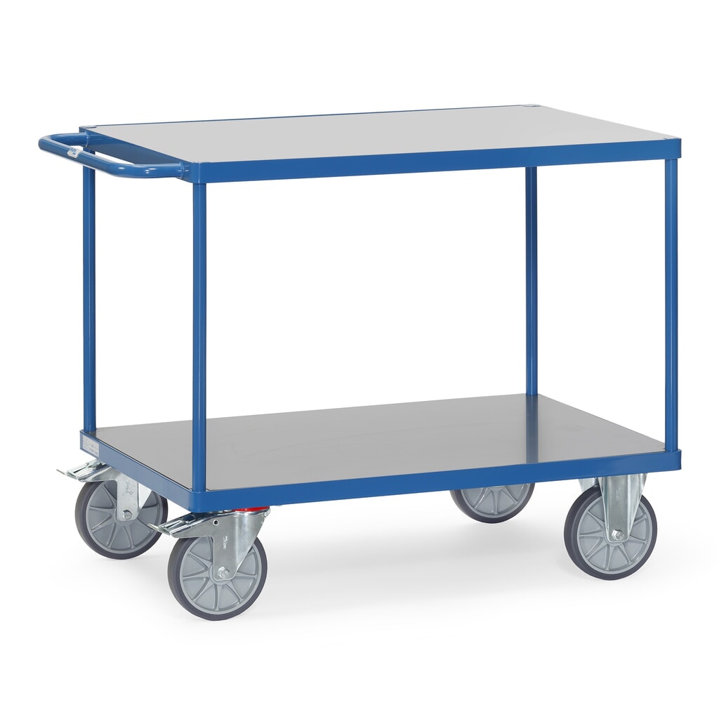 Produktabbildung: fetra® Schwerer Tisch- und Montagewagen, witterungsfeste Ladefläche, 2 Etagen à 800 x 1.200 mm, brillantblau