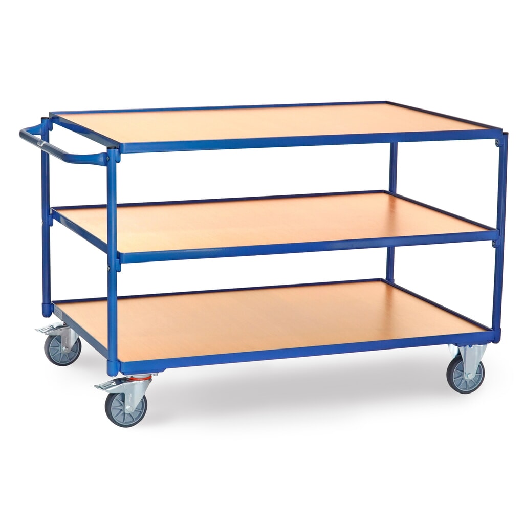 fetra® Tischwagen, TK 300 kg, 3 Etagen à 1.200 x 800 mm, waagerechter Schiebebügel Produktabbildung: fetra® Tischwagen, TK 300 kg, 3 Etagen à 1.200 x 800 mm, waagerechter Schiebebügel