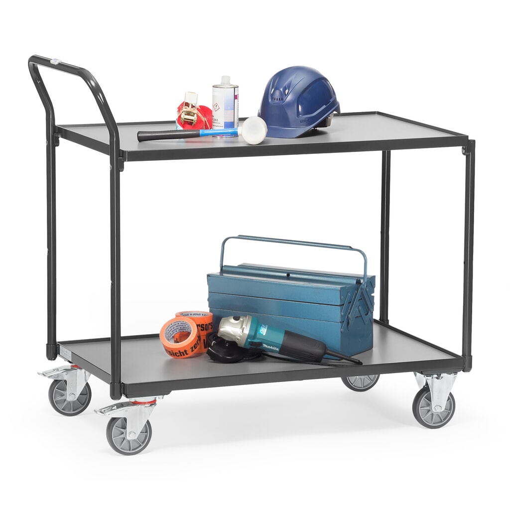 fetra® Tischwagen, TK 300 kg, 2 Etagen à 1.000 x 600 mm, hochstehender Schiebebügel, anthrazitgrau Produktabbildung Nr. 3: fetra® Tischwagen, TK 300 kg, 2 Etagen à 1.000 x 600 mm, hochstehender Schiebebügel, anthrazitgrau