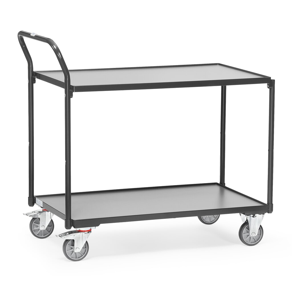 fetra® Tischwagen, TK 300 kg, 2 Etagen à 1.000 x 600 mm, hochstehender Schiebebügel, anthrazitgrau Produktabbildung: fetra® Tischwagen, TK 300 kg, 2 Etagen à 1.000 x 600 mm, hochstehender Schiebebügel, anthrazitgrau