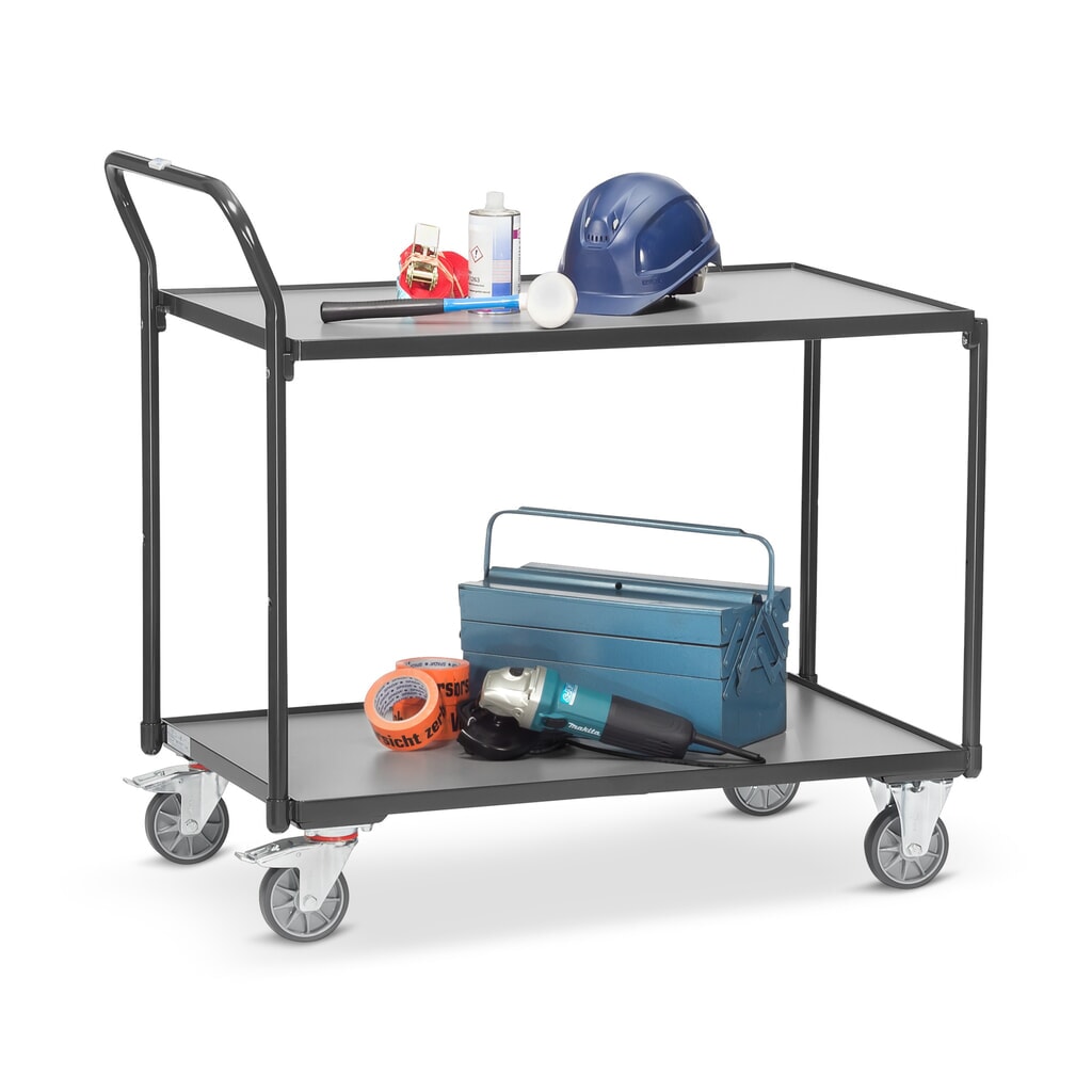 fetra® Tischwagen, TK 300 kg, 2 Etagen à 850 x 500 mm, hochstehender Schiebebügel, anthrazitgrau Produktabbildung Nr. 3: fetra® Tischwagen, TK 300 kg, 2 Etagen à 850 x 500 mm, hochstehender Schiebebügel, anthrazitgrau