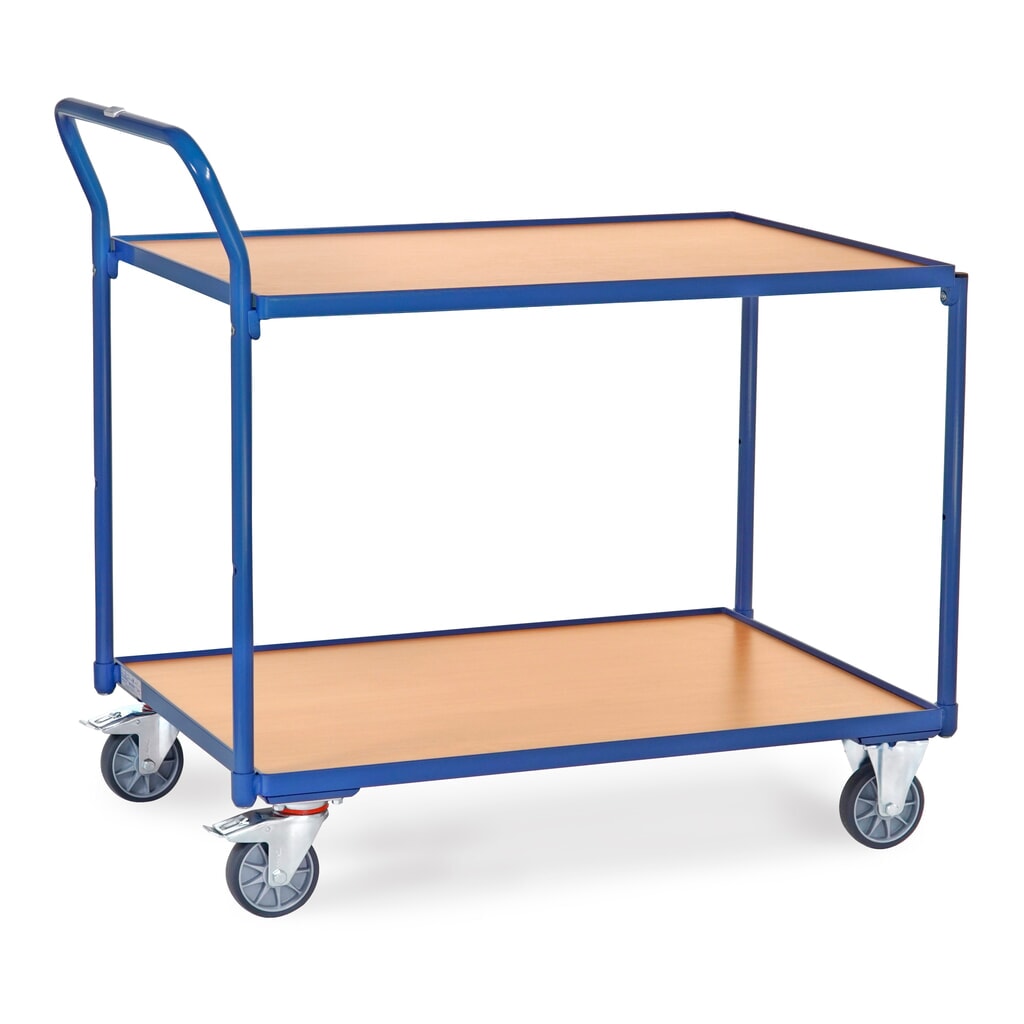 fetra® Tischwagen, TK 300 kg, 2 Etagen à 1.000 x 700 mm, hochstehender Schiebebügel Produktabbildung: fetra® Tischwagen, TK 300 kg, 2 Etagen à 1.000 x 700 mm, hochstehender Schiebebügel