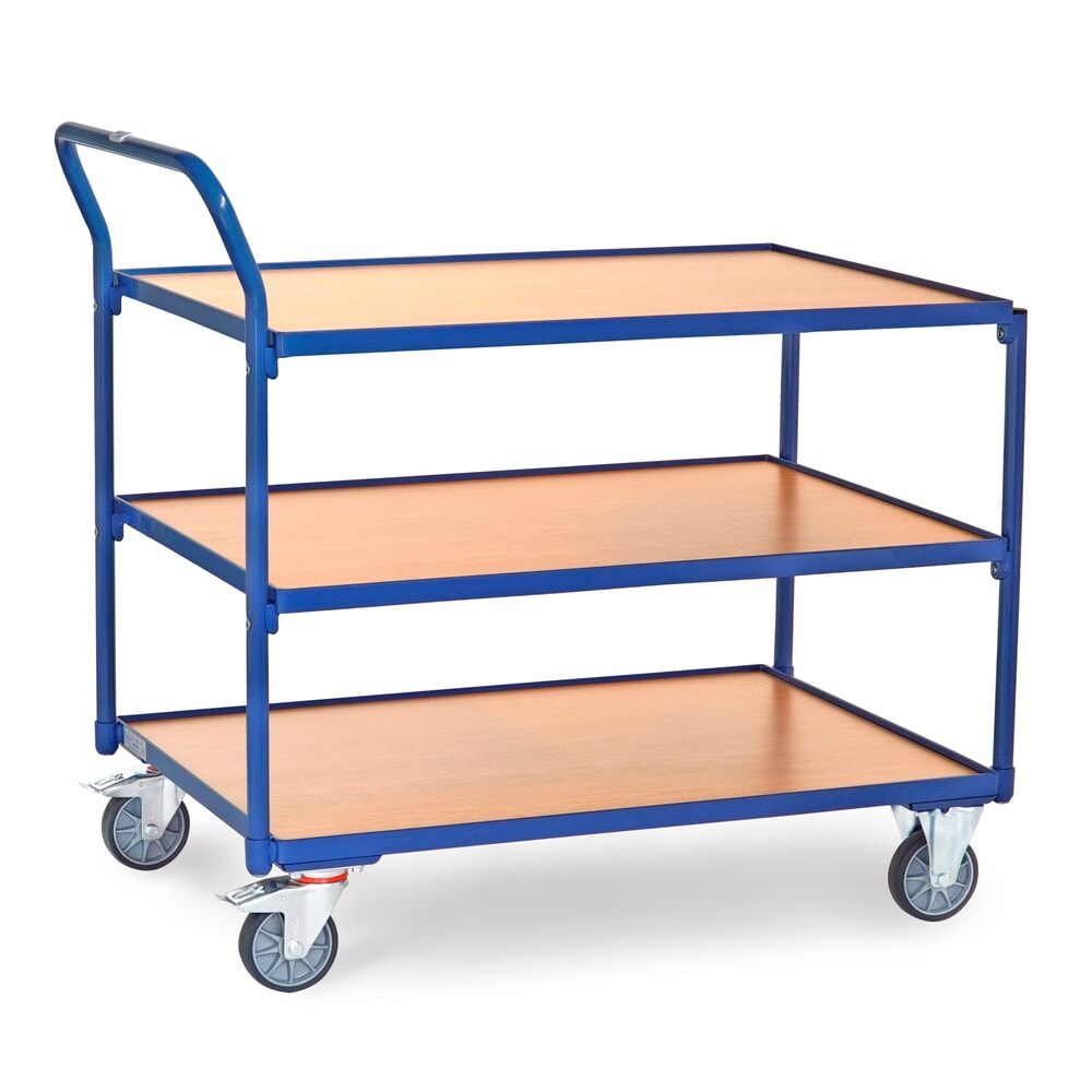 Produktabbildung: fetra® Tischwagen, TK 300 kg, 3 Etagen à 1.000 x 700 mm, hochstehender Schiebebügel