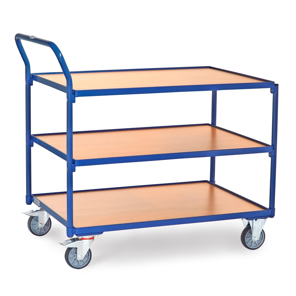 Produktabbildung: fetra® Tischwagen, TK 300 kg, 3 Etagen à 1.000 x 700 mm, hochstehender Schiebebügel