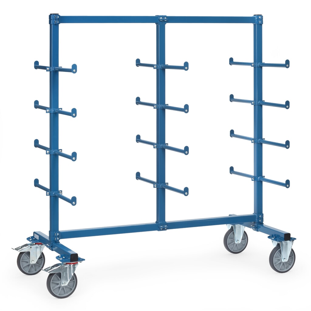 fetra® Tragarmwagen, zweiseitig, 24 Tragarme mit Abrollsicherung und PVC, HxBxT 1.807 x 1.800 x 800 mm Produktabbildung: fetra® Tragarmwagen, zweiseitig, 24 Tragarme mit Abrollsicherung und PVC, HxBxT 1.807 x 1.800 x 800 mm