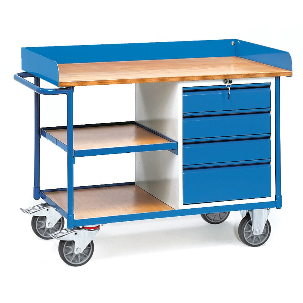 fetra® Werkstattwagen mit hohem Rand, 4 Schubladen, 3 Ablagen, TK 400 kg Produktabbildung Nr. 1: fetra® Werkstattwagen mit hohem Rand, 4 Schubladen, 3 Ablagen, TK 400 kg