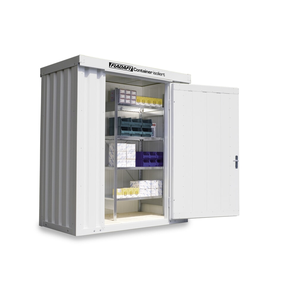 Produktabbildung: FLADAFI® Materialcontainer, isoliert, 2 m², mit Holzfussboden, HxBxT 2.405 x 2 100 x 1.140 mm, Einzelflügeltür, mittig in Breitseite
