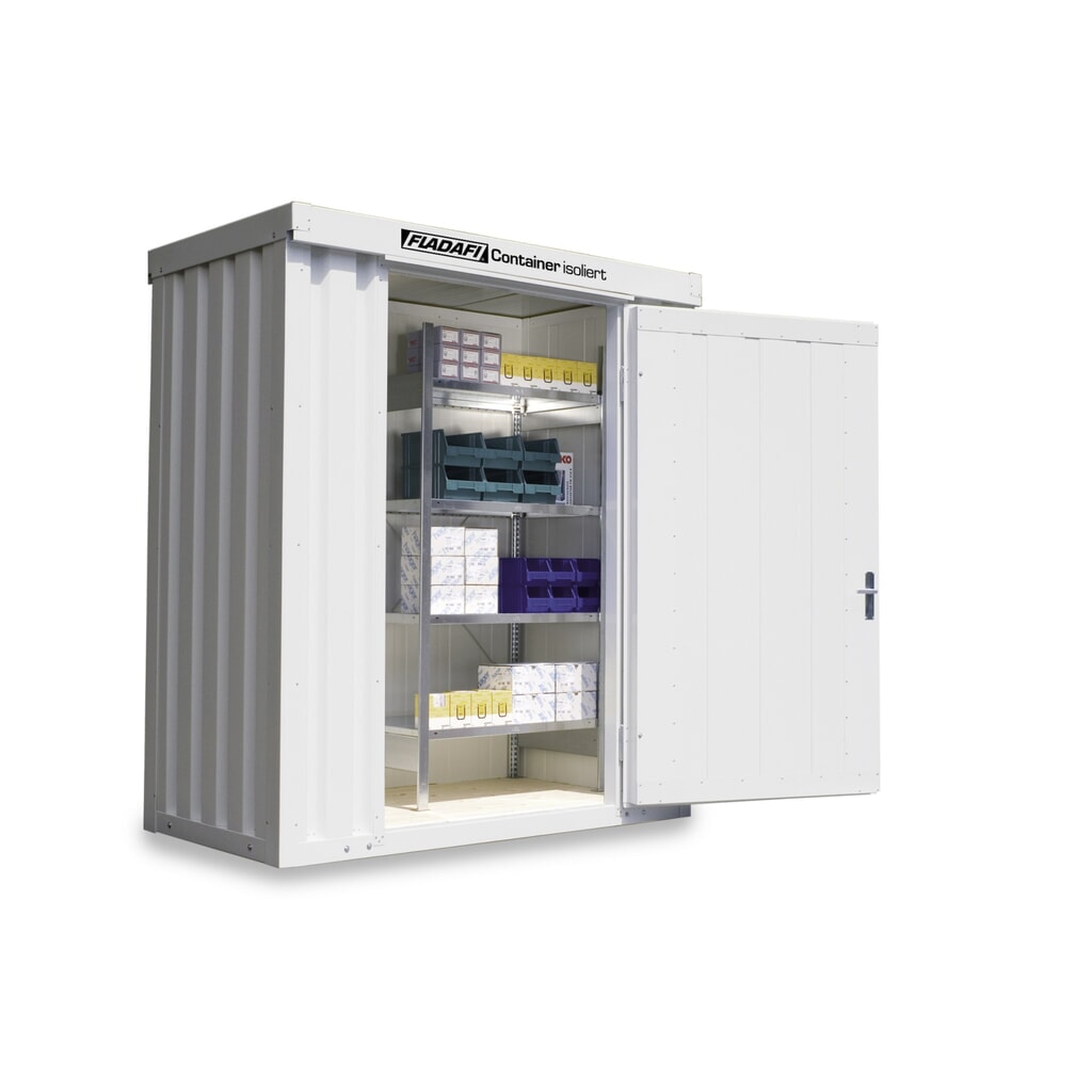 FLADAFI® Materialcontainer, isoliert, 2 m², mit Holzfussboden, HxBxT 2.405 x 2 100 x 1.140 mm, Einzelflügeltür, mittig in Breitseite Produktabbildung: FLADAFI® Materialcontainer, isoliert, 2 m², mit Holzfussboden, HxBxT 2.405 x 2 100 x 1.140 mm, Einzelflügeltür, mittig in Breitseite