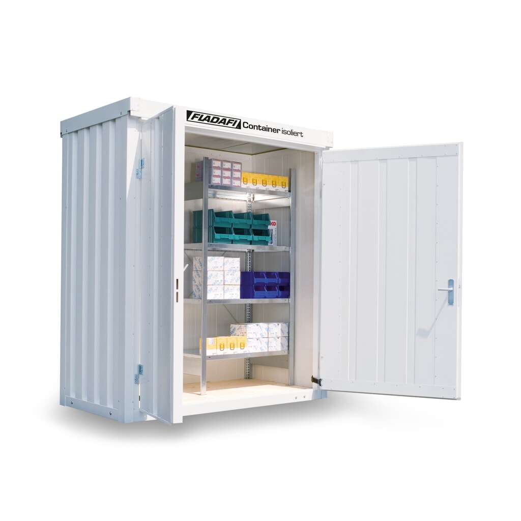 FLADAFI® Materialcontainer, isoliert, 2 m², mit Holzfussboden, HxBxT 2.405 x 2 100 x 1.140 mm, Doppelflügeltür (asymmetrische Teilung), mittig in Breitseite Produktabbildung: FLADAFI® Materialcontainer, isoliert, 2 m², mit Holzfussboden, HxBxT 2.405 x 2 100 x 1.140 mm, Doppelflügeltür (asymmetrische Teilung), mittig in Breitseite