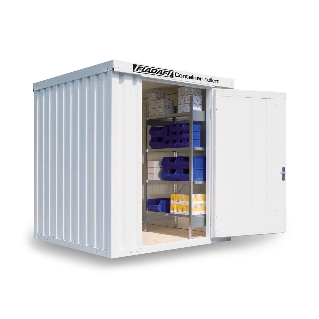 FLADAFI® Materialcontainer, isoliert, 4 m², mit Holzfussboden, HxBxT 2.405 x 2.100 x 2170 mm, Doppelflügeltür (asymmetrische Teilung), mittig in Breitseite Produktabbildung: FLADAFI® Materialcontainer, isoliert, 4 m², mit Holzfussboden, HxBxT 2.405 x 2.100 x 2170 mm, Doppelflügeltür (asymmetrische Teilung), mittig in Breitseite