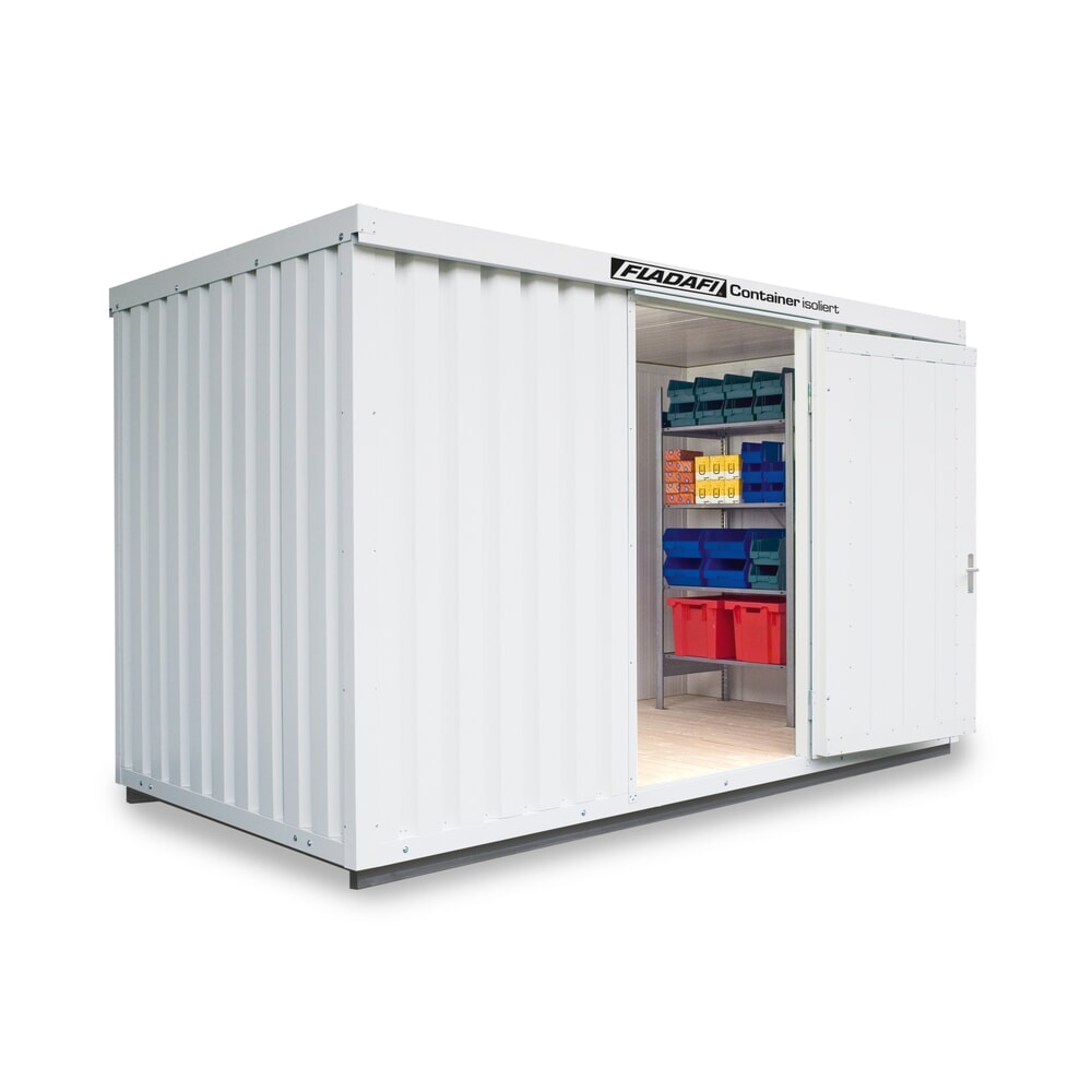 Produktabbildung: FLADAFI® Materialcontainer, isoliert, 8 m², mit isoliertem Boden, HxBxT 2.500 x 4.050 x 2170 mm, Einzelflügeltür, mittig in Stirnseite