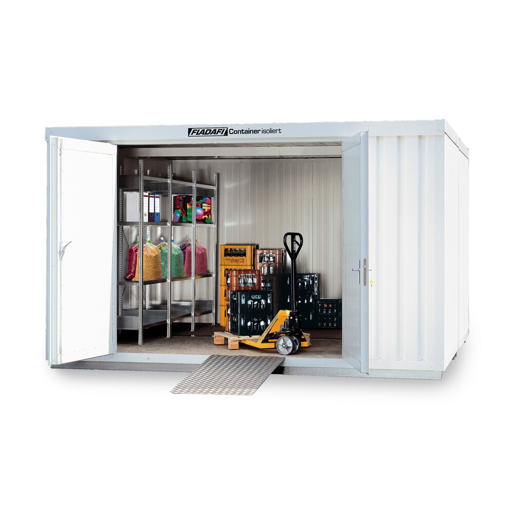Produktabbildung: FLADAFI® Materialcontainer-Kombination, isoliert, 12 m², mit isoliertem Boden, HxBxT 2.500 x 3.050 x 4.340 mm, Einzelflügeltür, mittig im Modul