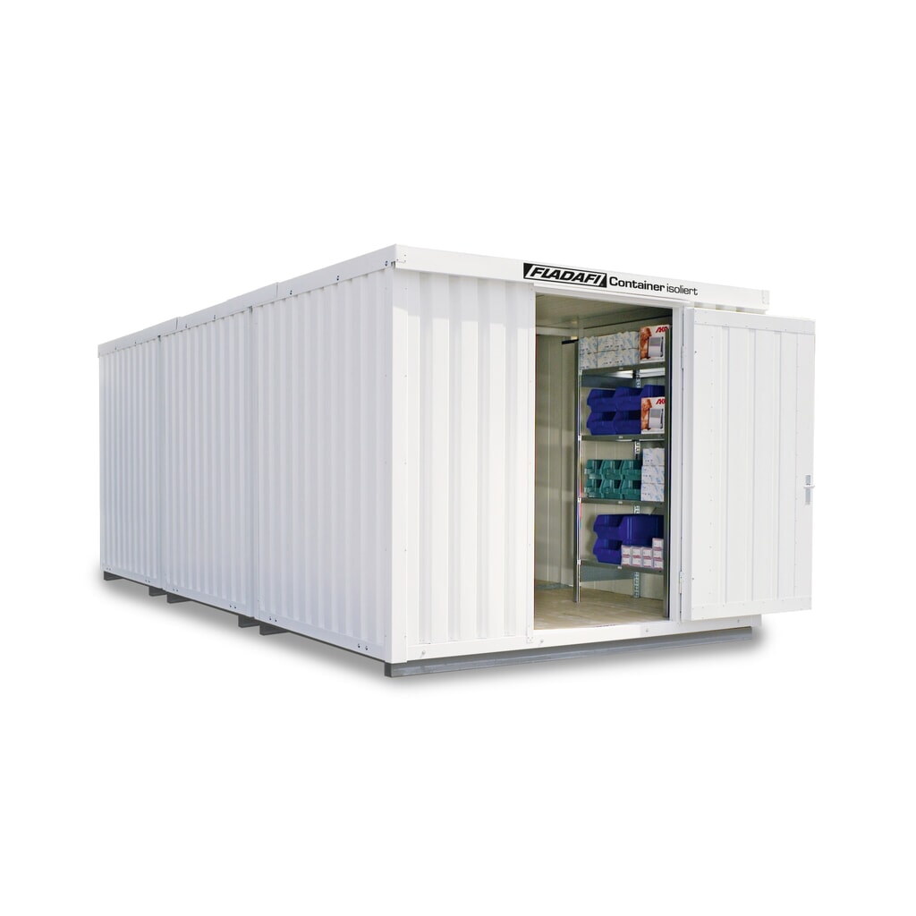 Produktabbildung: FLADAFI® Materialcontainer-Kombination, isoliert, 18 m², mit isolietem Boden, HxBxT 2.500 x 3.050 x 6.520 mm, Einzelflügeltür, mittig in Stirnseite