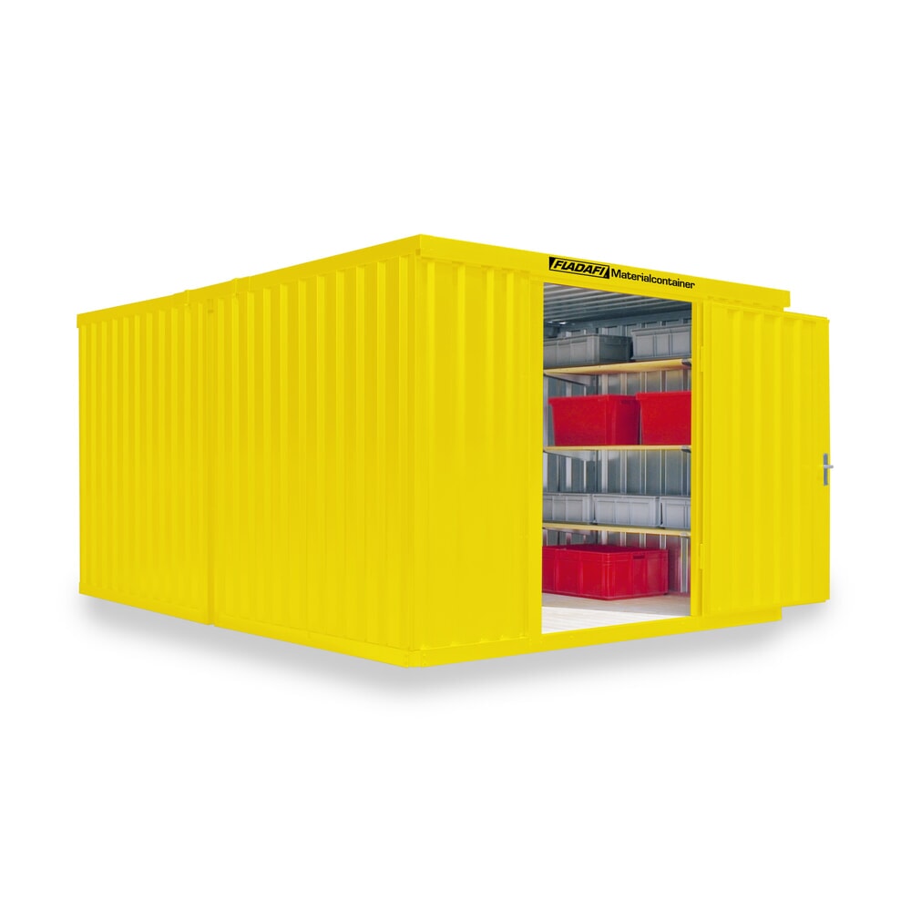 Produktabbildung: FLADAFI® Materialcontainer Kombination, lackiert, 2 Module, HxBxT 2.150 x 3.050 x 4.340 mm, zerlegt, Holzfussboden, signalgelb