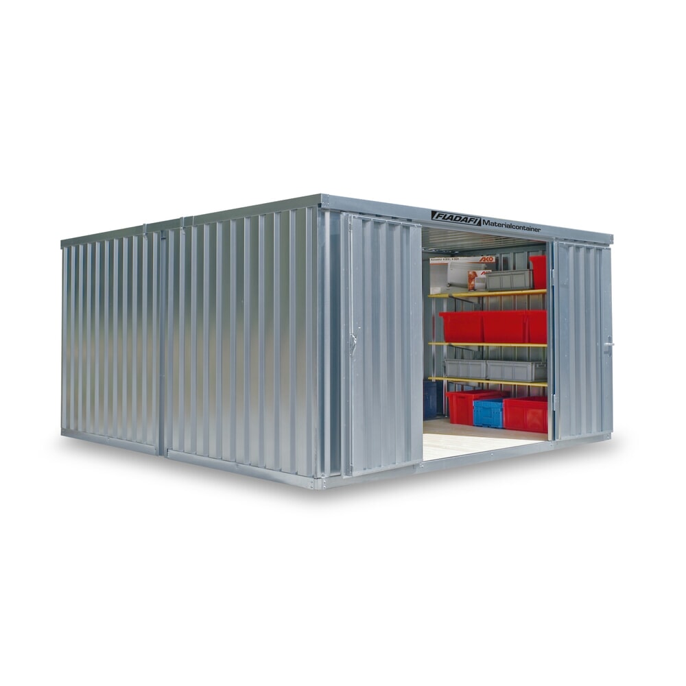 Produktabbildung: FLADAFI® Materialcontainer-Kombination, zerlegt, 12 m², ohne Boden, HxBxT 2.115 x 3.050 x 4.340 mm, Einzelflügeltür, mittig im Modul