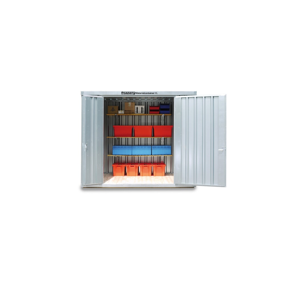 Produktabbildung: FLADAFI® Materialcontainer, verzinkt, montiert, XL 6 m², mit Holzfussboden, HxBxT 2.532 x 3.020 x 2.170 mm, Doppelflügeltür (asymmetrische Teilung), mittig in Breitseite