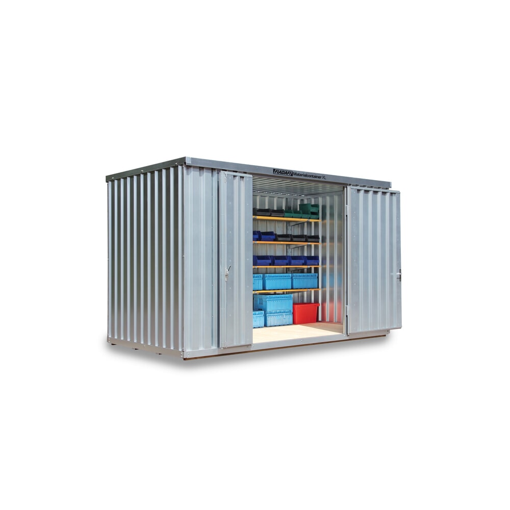 Produktabbildung: FLADAFI® Materialcontainer, verzinkt, montiert, XL 8 m², mit Holzfussboden, HxBxT 2.532 x 4.050 x 2.170 mm, Doppelflügeltür (asymmetrische Teilung), mittig in Breitseite