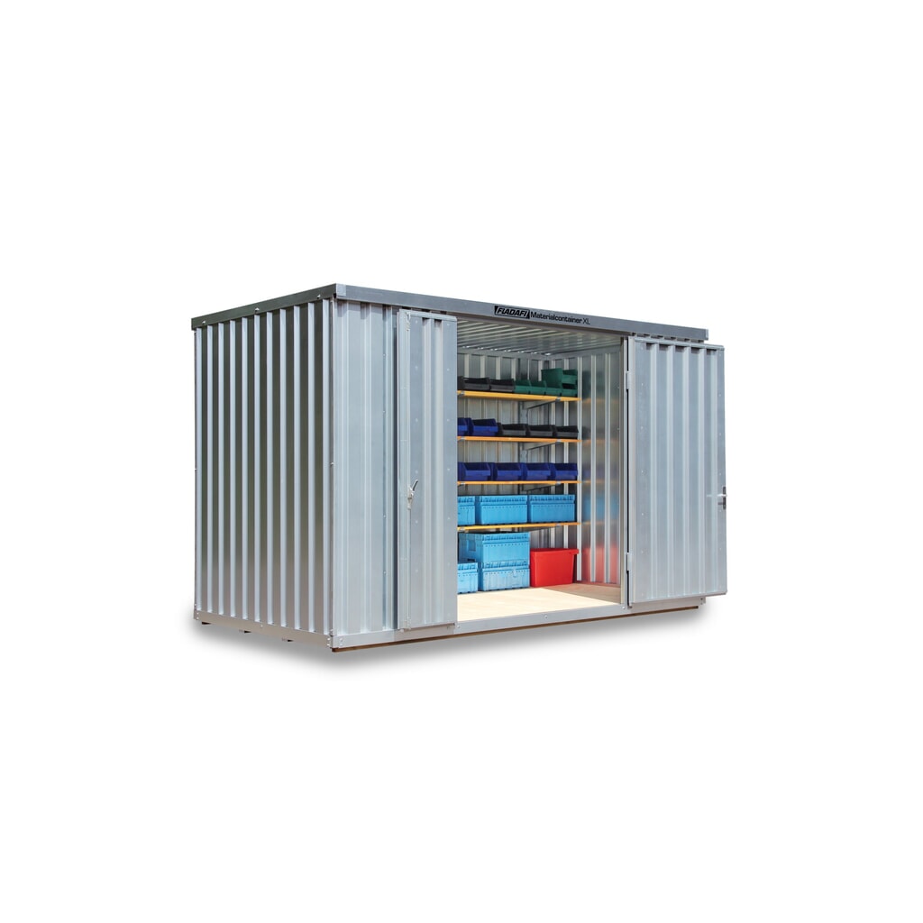 Produktabbildung: FLADAFI® Materialcontainer, verzinkt, montiert, XL 10 m², mit Holzfussboden, HxBxT 2.532 x 5.080 x 2.170 mm, Doppelflügeltür (asymmetrische Teilung), mittig in Stirnseite