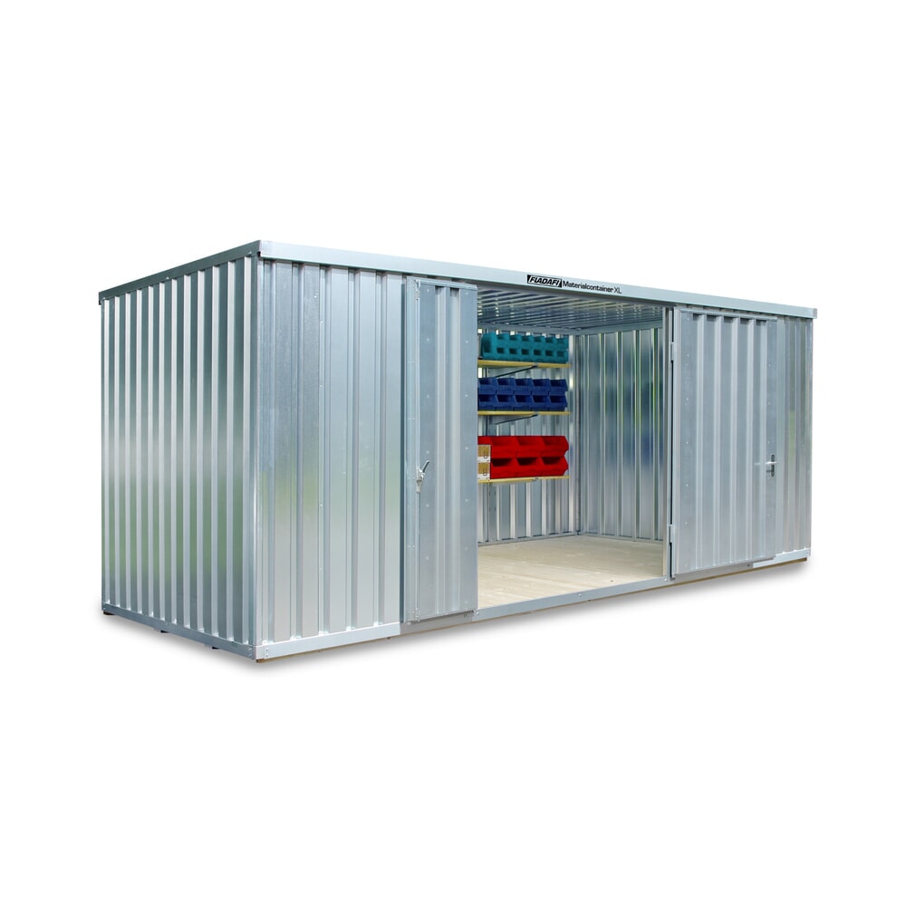 Produktabbildung: FLADAFI® Materialcontainer, verzinkt, montiert, XL 12 m², mit Holzfussboden, HxBxT 2.532 x 6.020 x 2.170 mm, Doppelflügeltür (asymmetrische Teilung), mittig in Breitseite