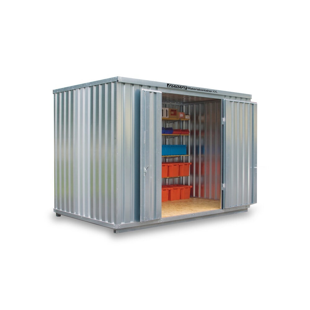 Produktabbildung: FLADAFI® Materialcontainer, verzinkt, montiert, XXL 9 m², HxBxT 2.595 x 4.050 x 2.540 mm, Doppelflügeltür (asymmetrische Teilung), mittig in Stirnseite