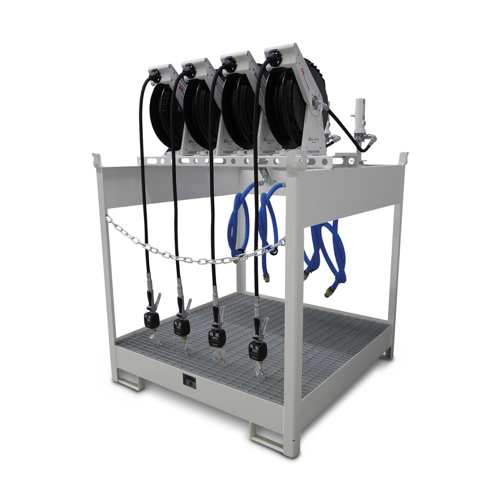 Produktabbildung: Frischöl-Insel SAMOA 44 DP, für 4 Fässer à 60 l oder 4 Fässer à 200 l, inkl. Auffangwanne, 4 Pneumatikpumpen, 4 offenen Schlauchaufrollern und 4 Füllpistolen mit Elektronikzähler