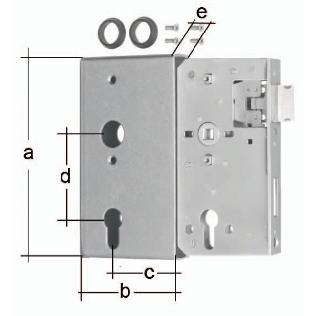 GAH Schlosskasten, Mass A172xB94xC60 mm Mass E 40 mm, DIN links / rechts, Dornmass 60 mm Produktabbildung: GAH Schlosskasten, Mass A172xB94xC60 mm Mass E 40 mm, DIN links / rechts, Dornmass 60 mm