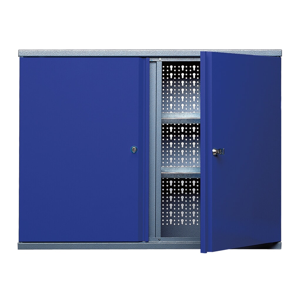 Hängeschrank mit 4 Einlegeböden + 2 Lochrückwänden, HxBxT 600 x 800 x 190 mm, blau Produktabbildung: Hängeschrank mit 4 Einlegeböden + 2 Lochrückwänden, HxBxT 600 x 800 x 190 mm, blau