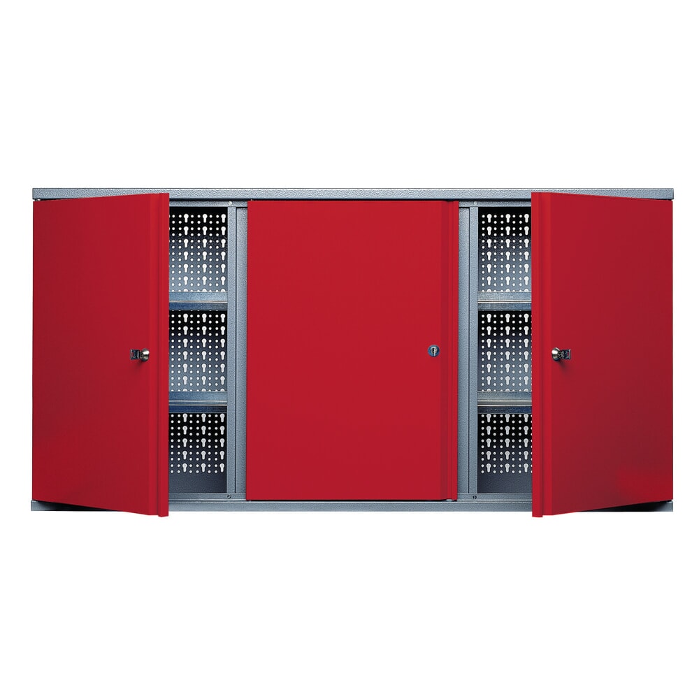 Produktabbildung: Hängeschrank mit 4 Einlegeböden + 3 Lochrückwänden, HxBxT 600 x 1.200 x 190 mm, rot